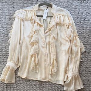 Commense Cream Ruffle Lace-Trim Button Blouse